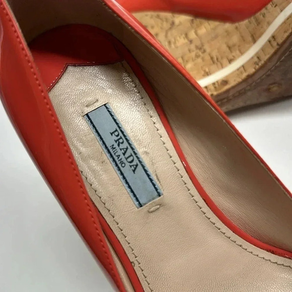 Prada Heels Peep Toe Wedges Espadrilles Cork Pump Shoes Coral Pink Size 38 US 8 - Picture 10 of 11
